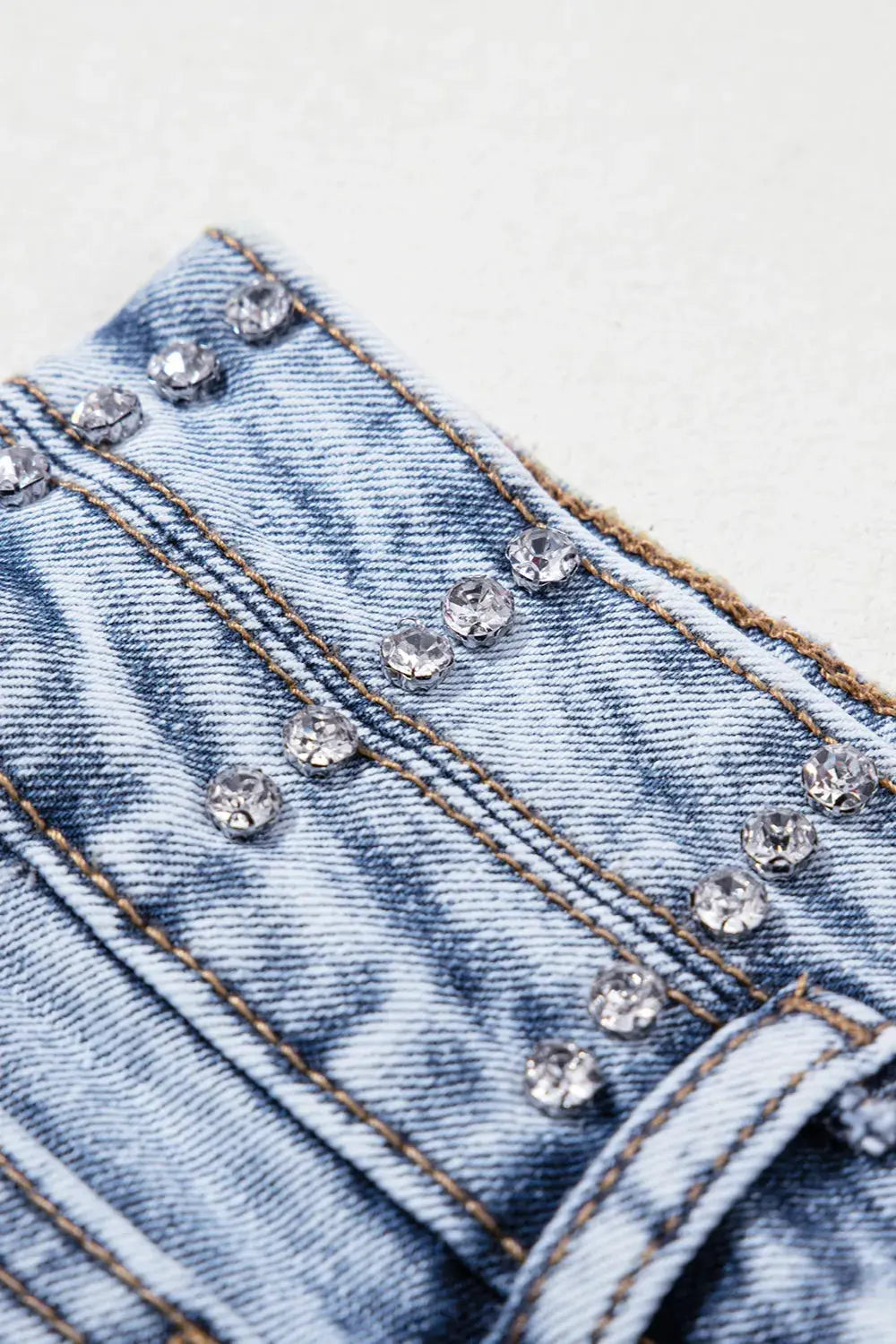 Rhinestone Light Wash Raw Hem High Waist Denim Shorts by Partner Label