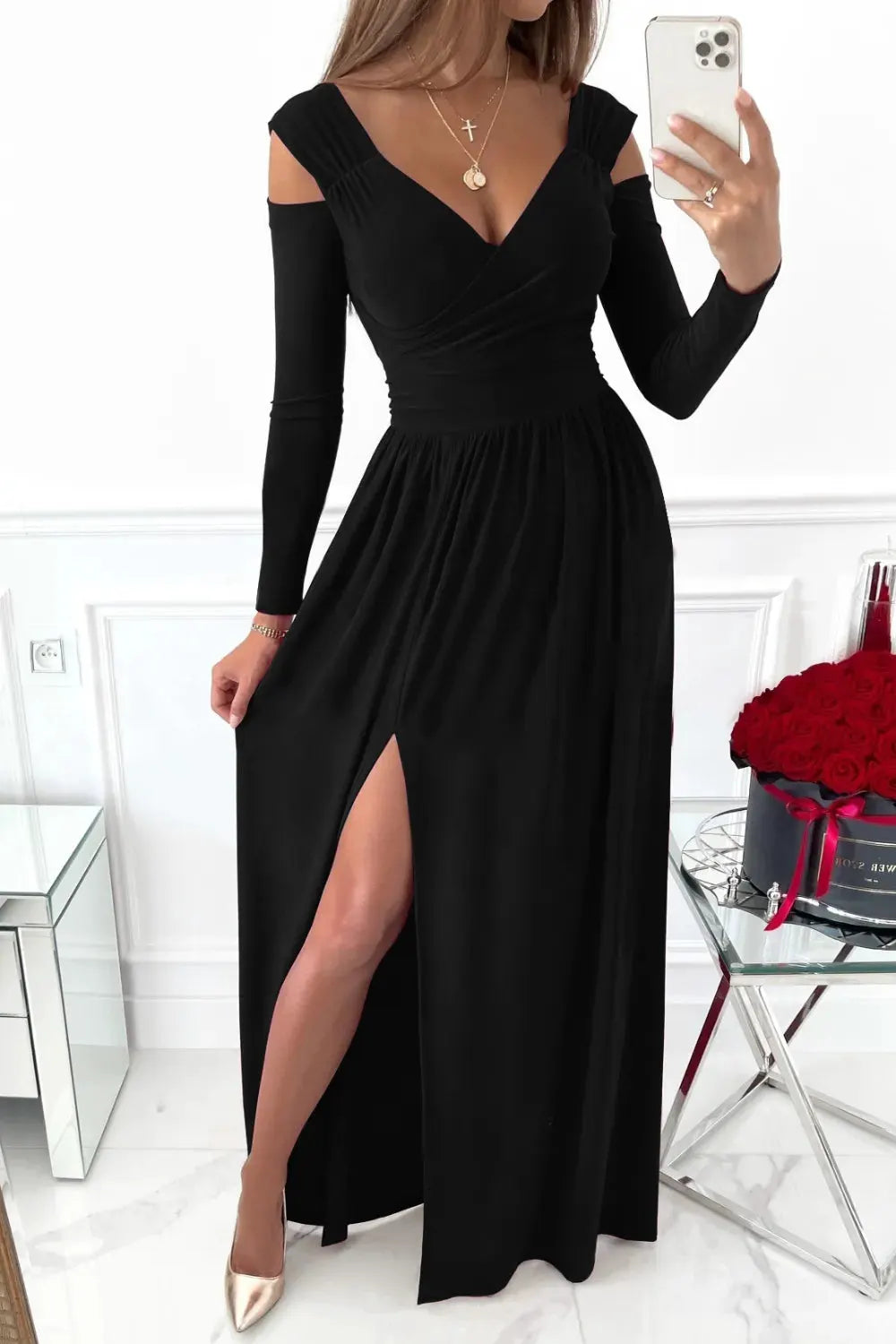 Slit Surplice Long Sleeve Maxi Dress by Partner Label