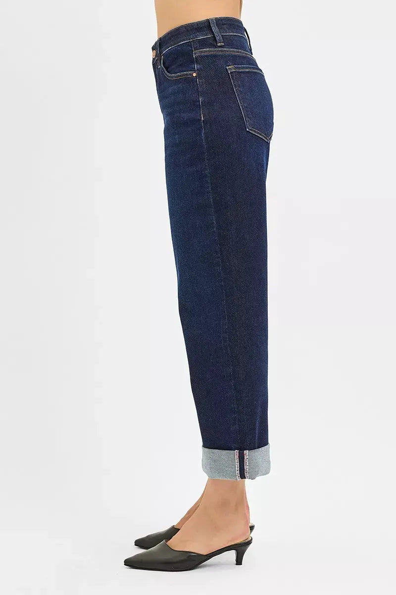 RISEN Mid Rise Fit Ankle Wide Roll Up Jeans by RISEN
