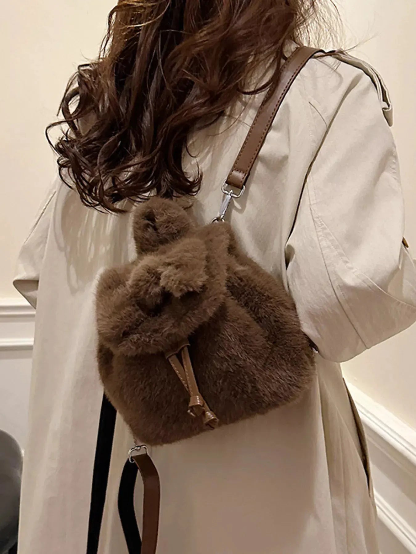 Fuzzy Plush Drawstring Backpack Bag by Partner Label