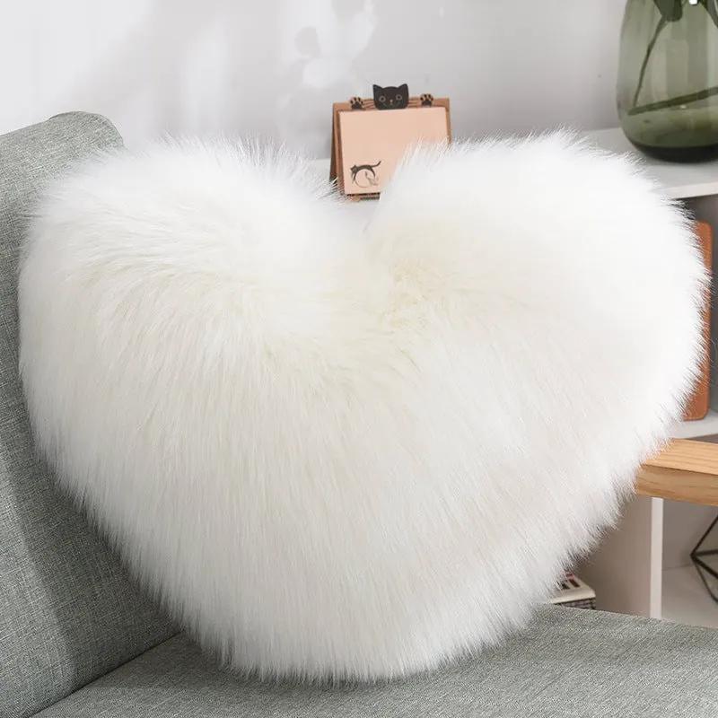 Throw Pillows Heart Shape Long Plush Fluffy Shaggy Cushion Cover Sofa Cushions Decorative Pillow Covers Pillowcase White by Maiden-Art