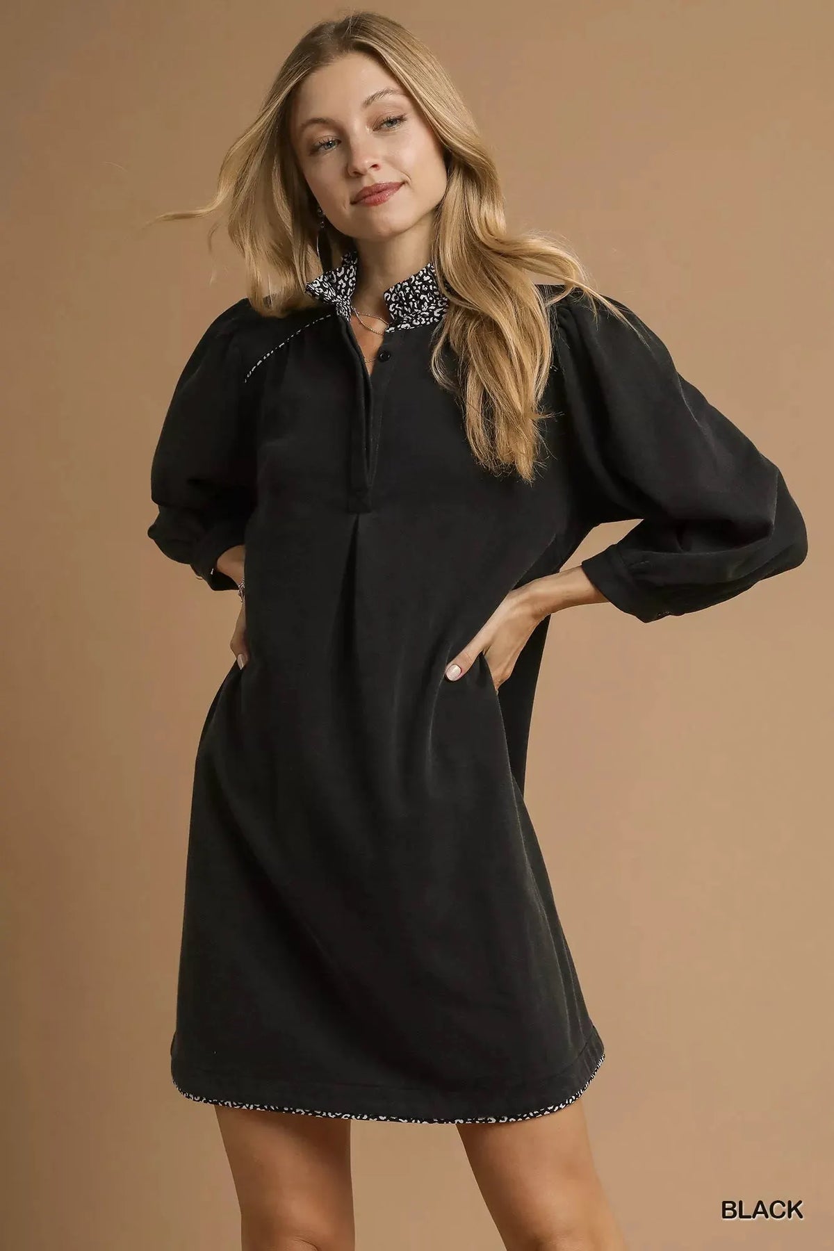 Umgee French Terry Balloon Sleeve Shift Dress with Leopard Print Detail by Umgee