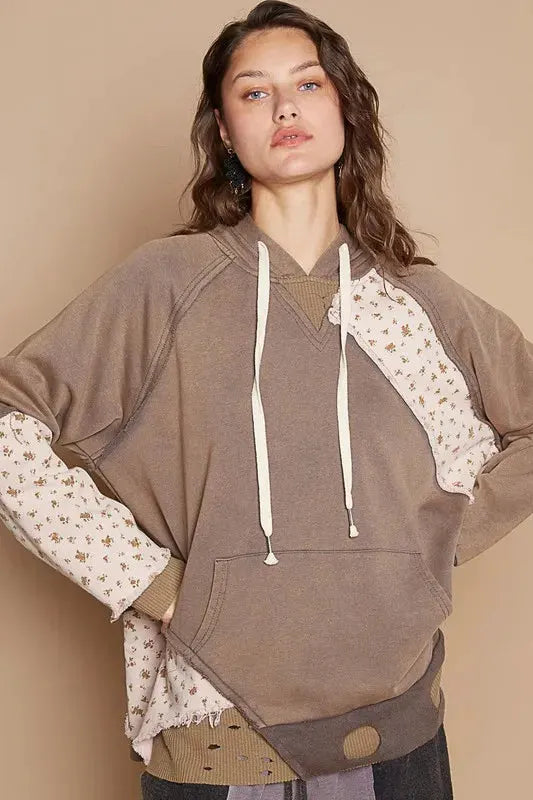 POL Floral Patchwork Distressed Drawstring Hoodie by POL