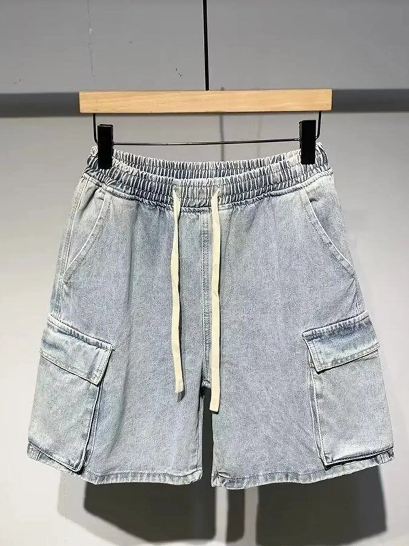 Men's Full Size Elastic Waist Washed Denim Cargo Shorts Plus Size by Partner Label