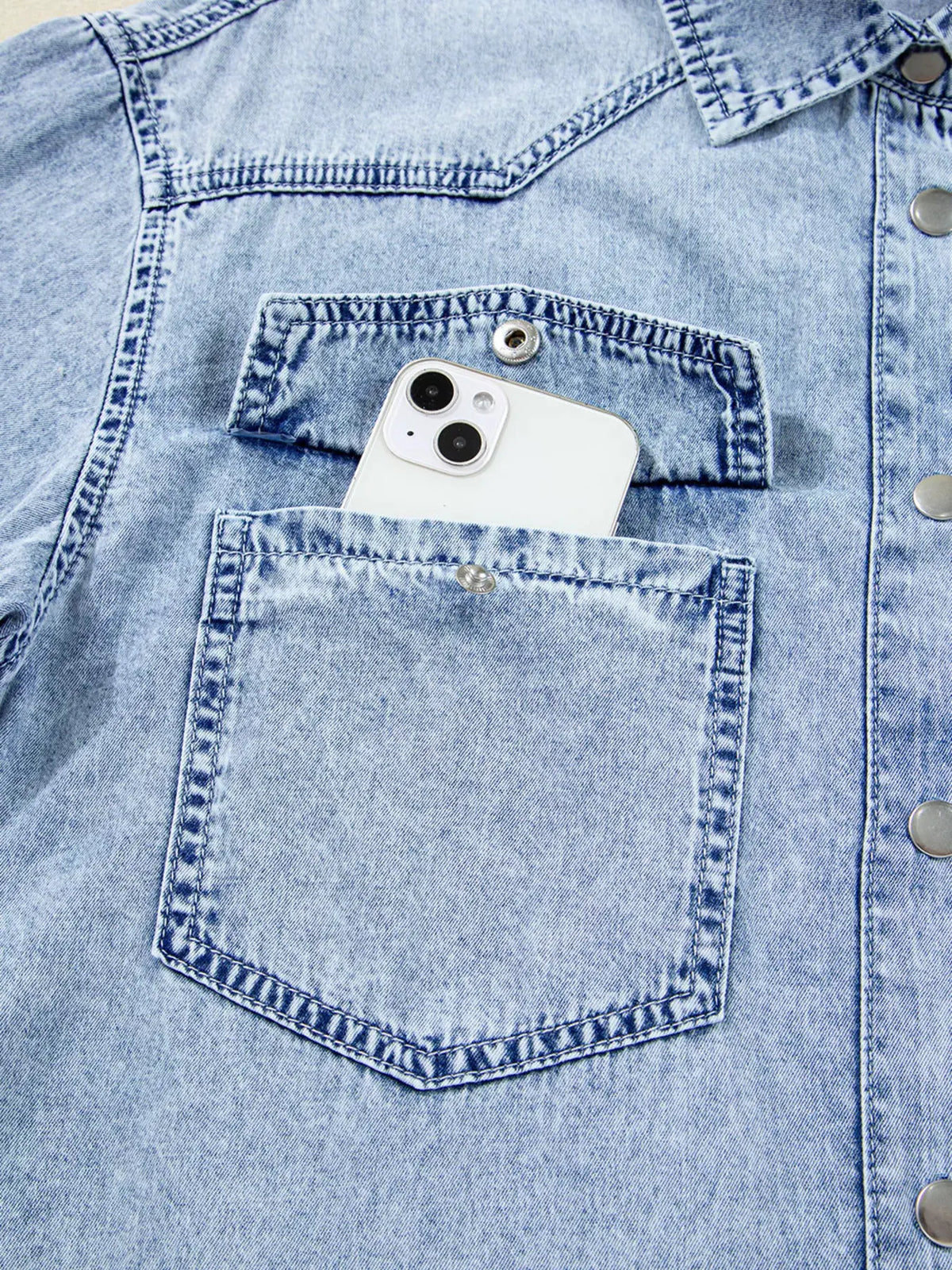 Chest Pocket Raw Hem Denim Loose Shirt Dress by Partner Label