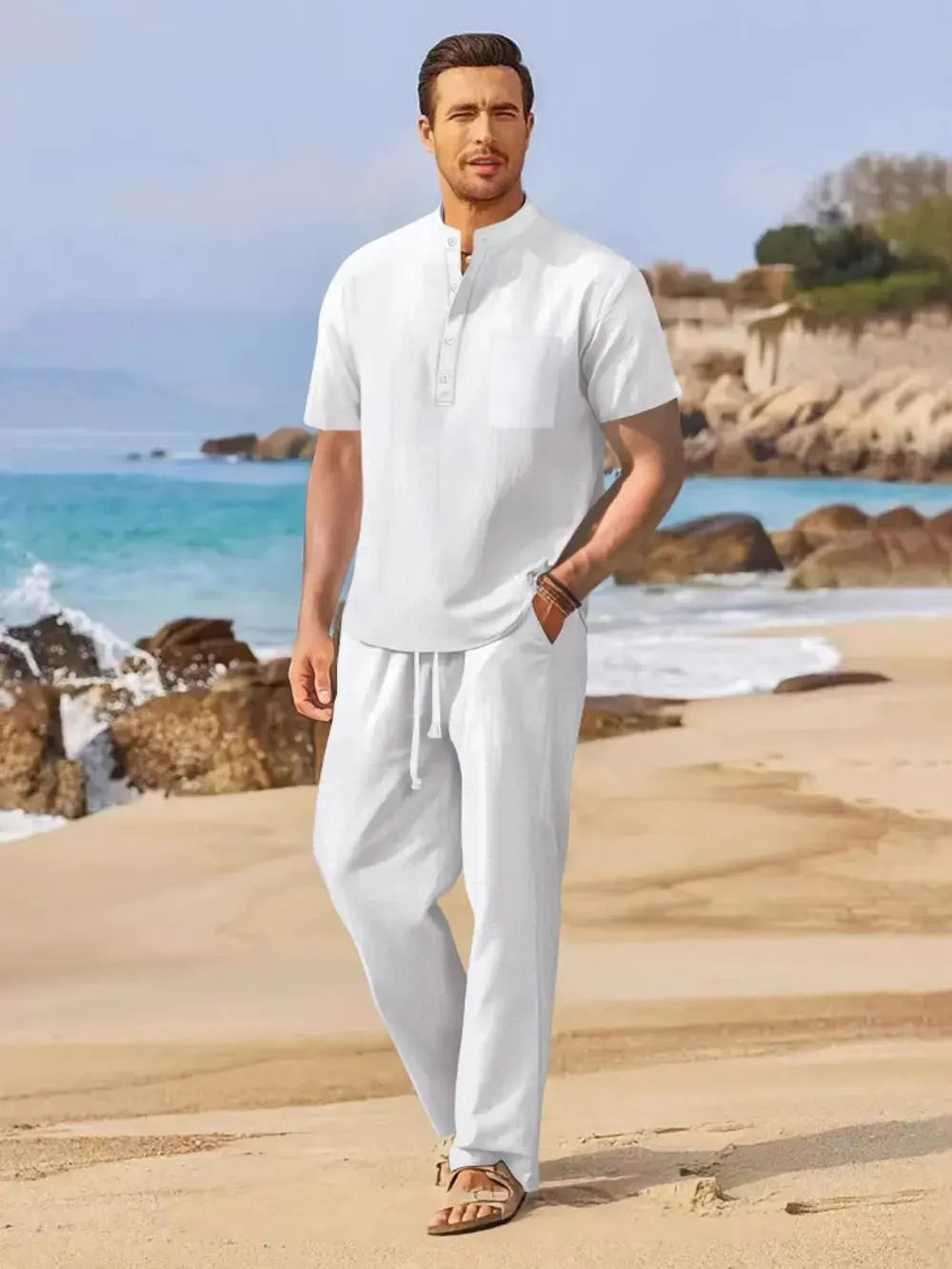 Men's Full Size Half Button Top and Drawstring Pants Set Plus Size by Trendsi