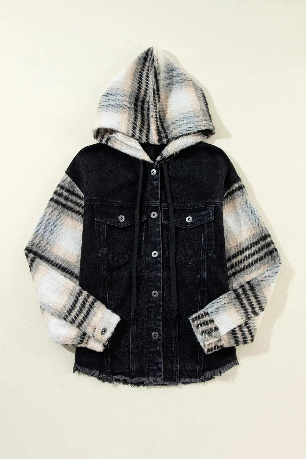 Drawstring Raw Hem Button Up Hooded Denim Jacket by Partner Label