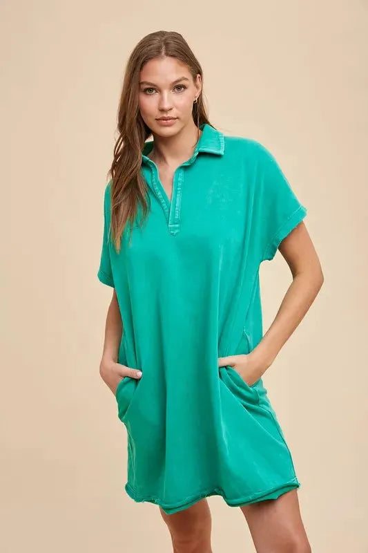 Annie Wear Mineral Washed Johnny Collar Short Sleeve Dress by Annie Wear