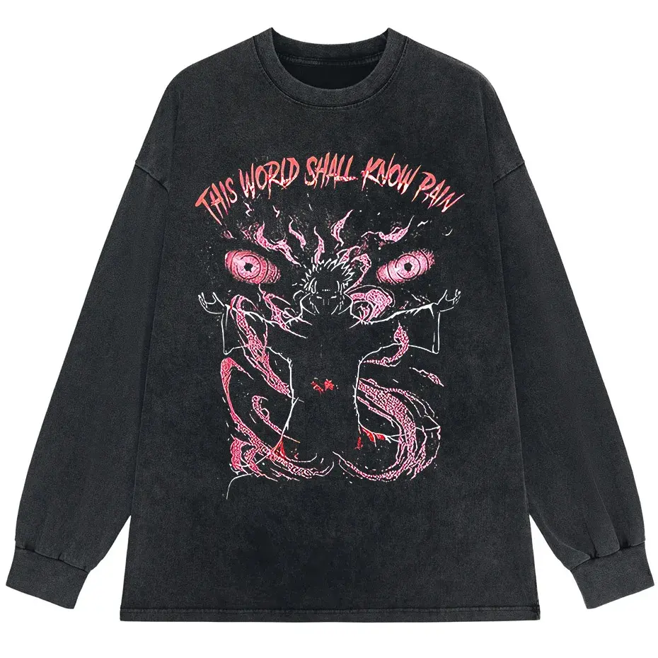 Anime Pain Print Vintage Washed T-Shirt 100% Cotton Harajuku Streetwear by Vimost Shop