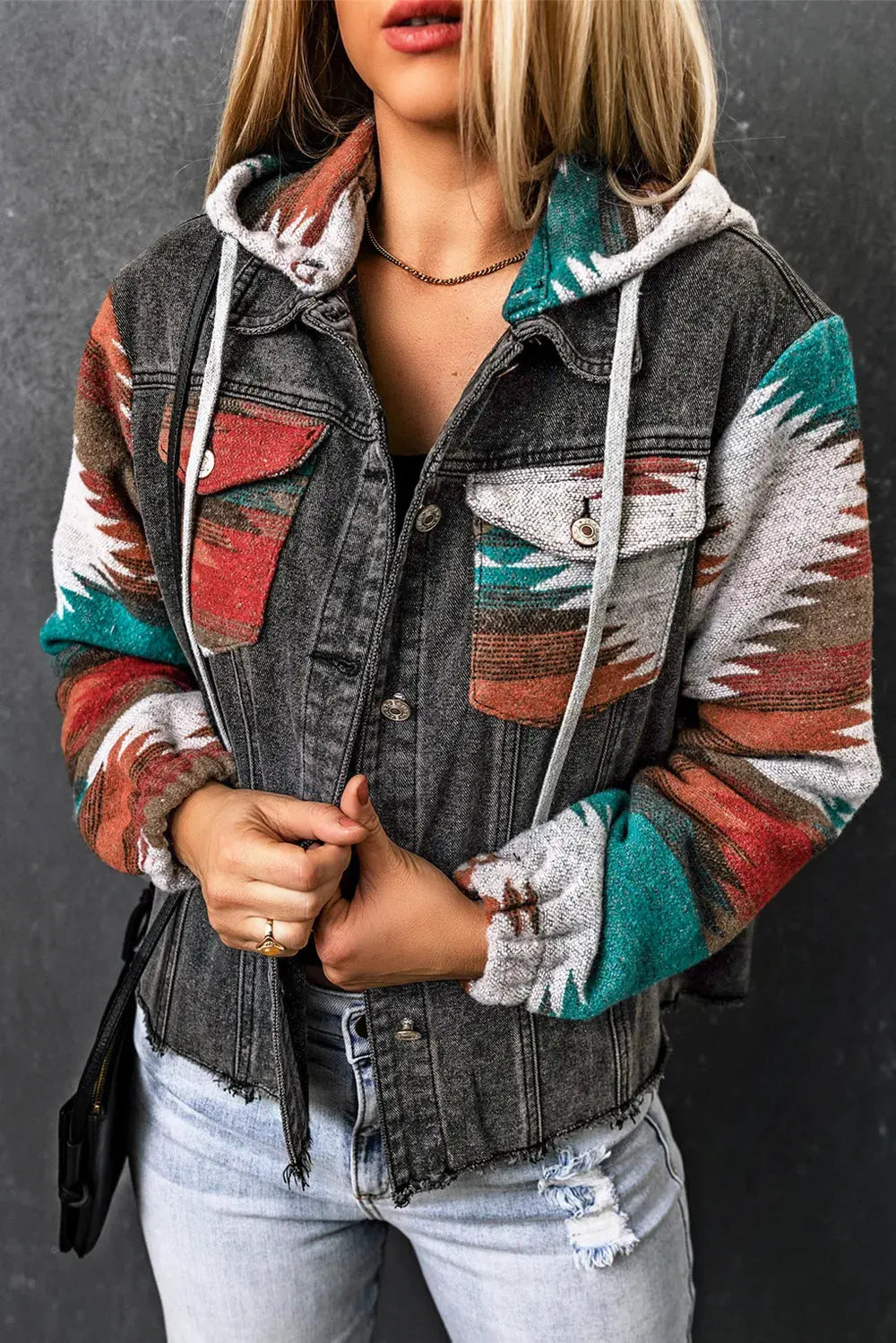 Drawstring Hooded Pocketed Denim Jacket by Partner Label