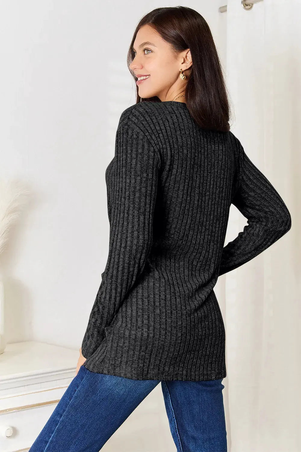 Double Take Notched Neck Ribbed Long Sleeve T-Shirt by Double Take