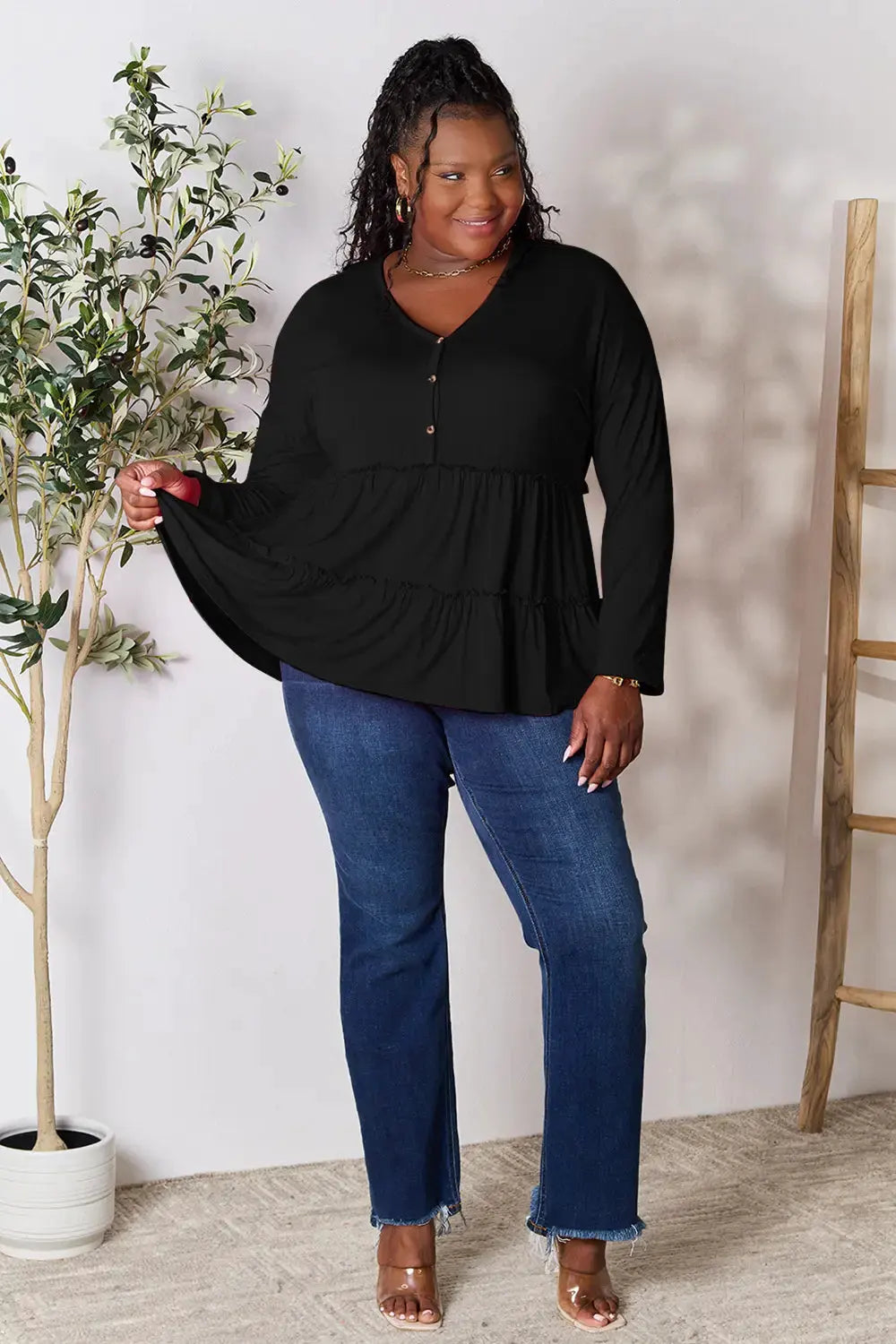 Double Take Half Button Long Sleeve Ruffle Hem Blouse by Double Take