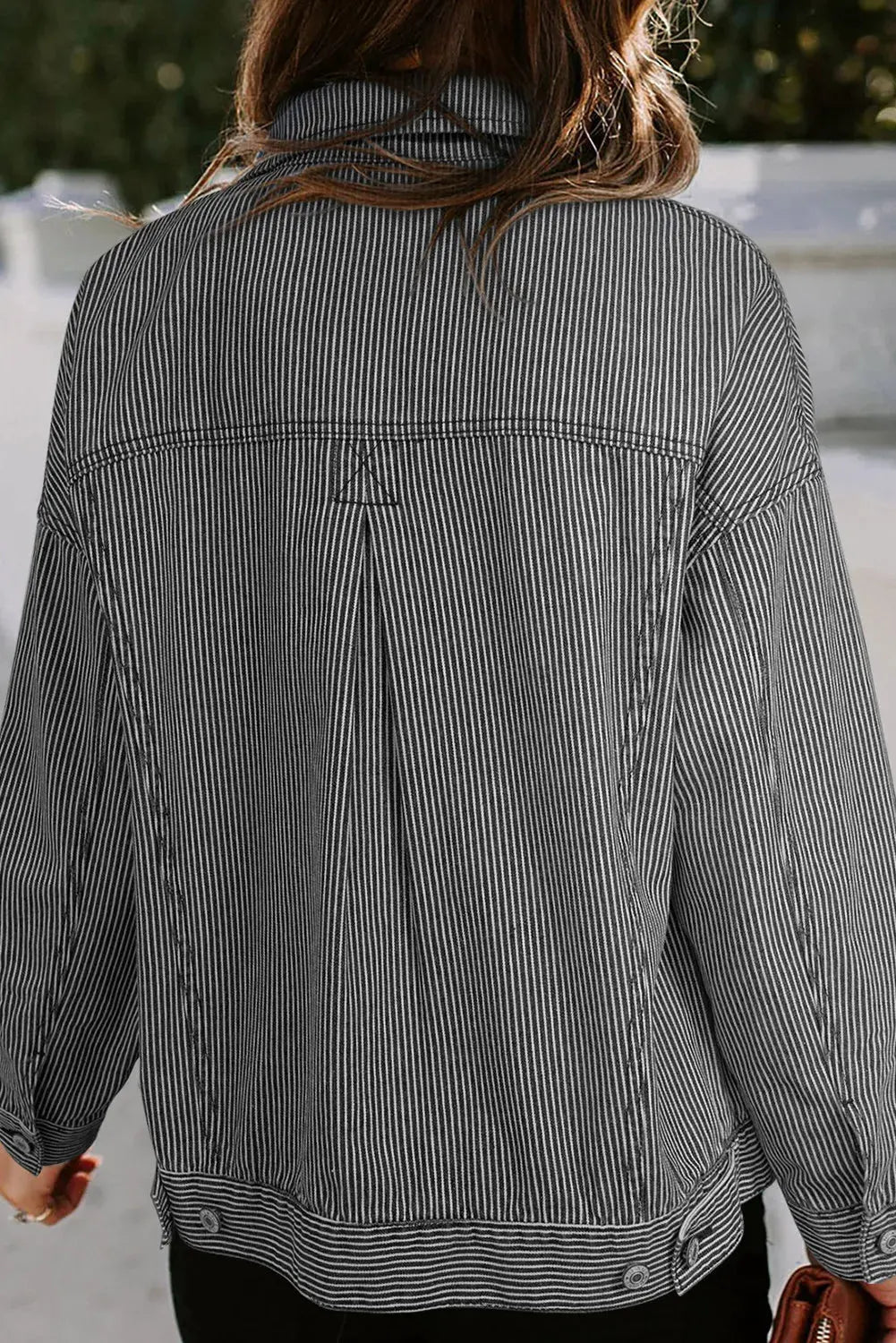 Striped Button Up Long Sleeve Denim Jacket by Partner Label