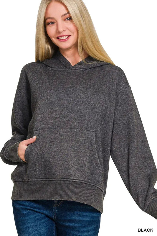 Zenana Fleece Acid Wash Kangaroo Pocket Hoodie by Zenana