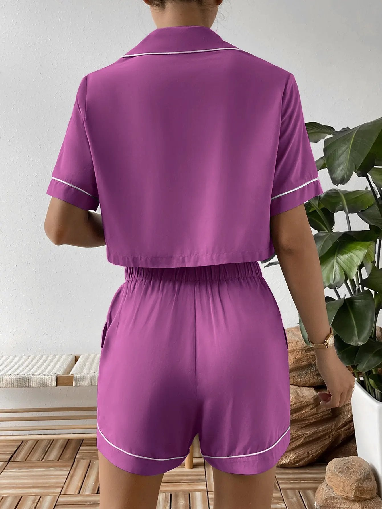 Ivy Lane Contrast Lapel Collar Cropped Shirt and Shorts Lounge Set by Ivy Lane