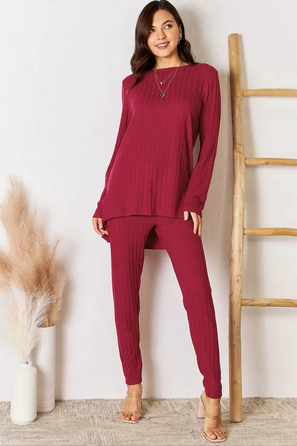 Basic Bae Full Size Ribbed Round Neck High-Low Slit Top and Pants Set by Basic Bae