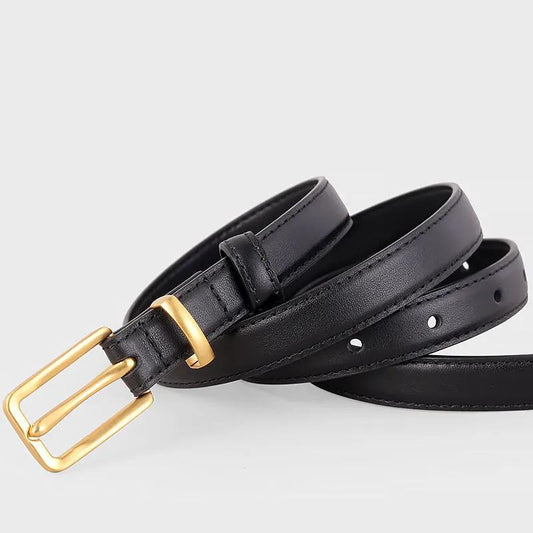 Leather Skinny Belt with Golden Buckle by Trendsi