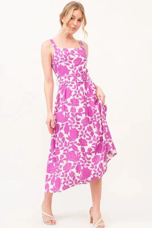 And The Why Square Neck Belted Floral Printed Midi Dress by And The Why