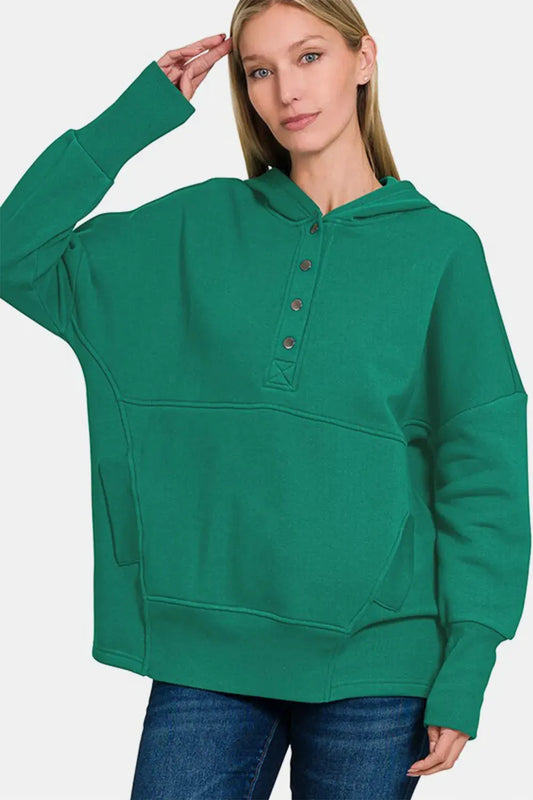 Zenana Half Snap Long Sleeve Hoodie with Kangaroo Pocket by Zenana