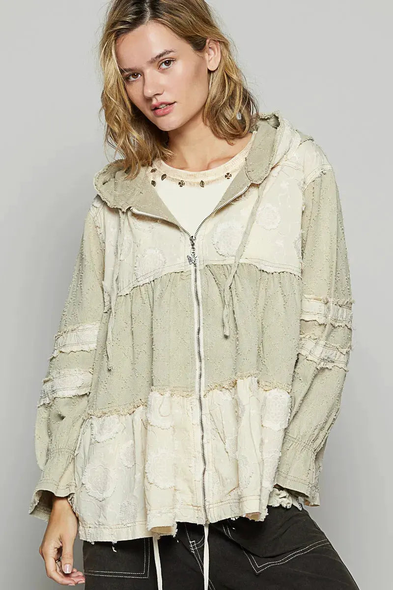 POL Raw Hem Color Block Hooded Jacket by POL