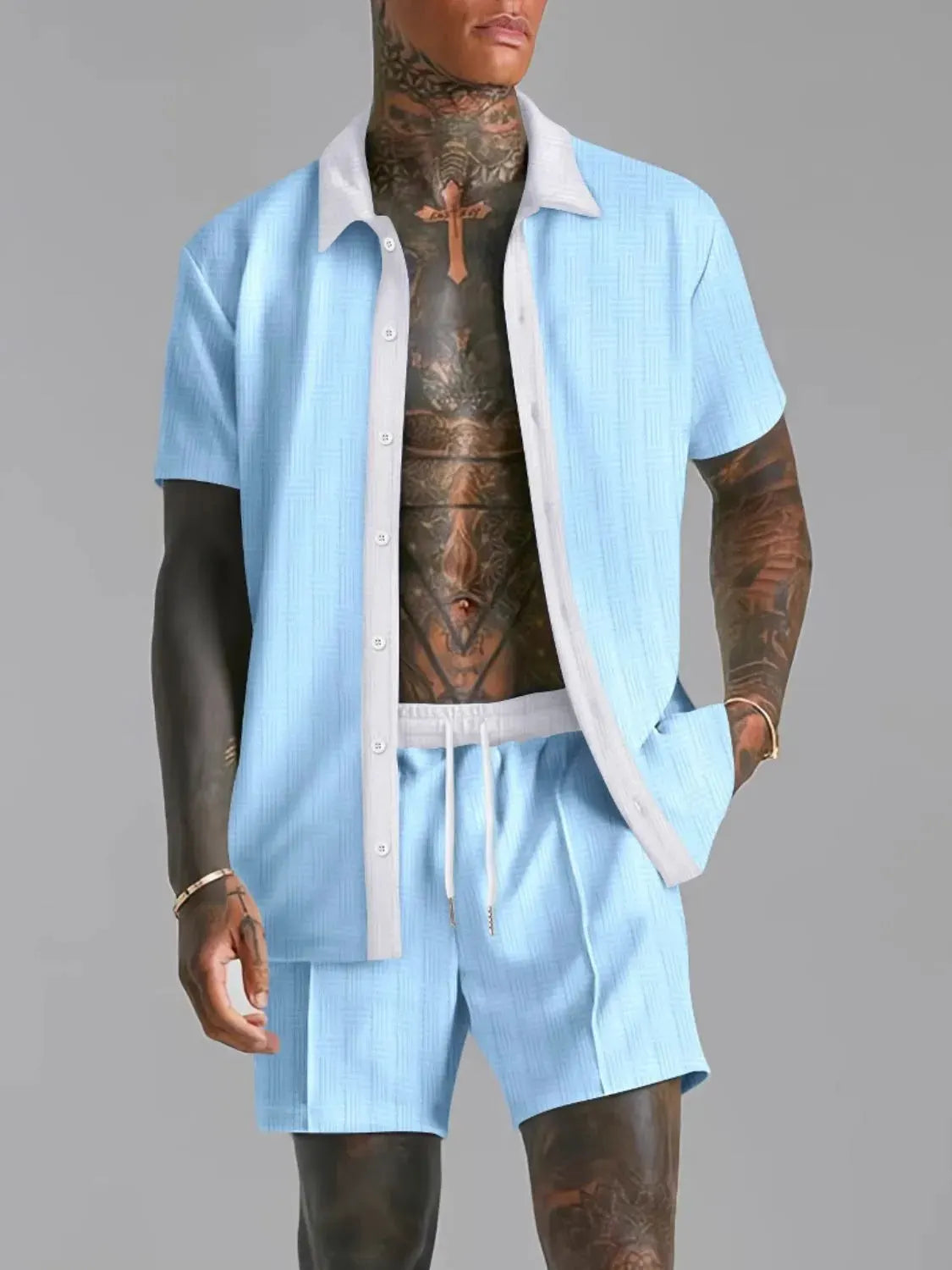 Men's Full Size Collared Neck Short Sleeve Top and Shorts Set Plus Size by Trendsi