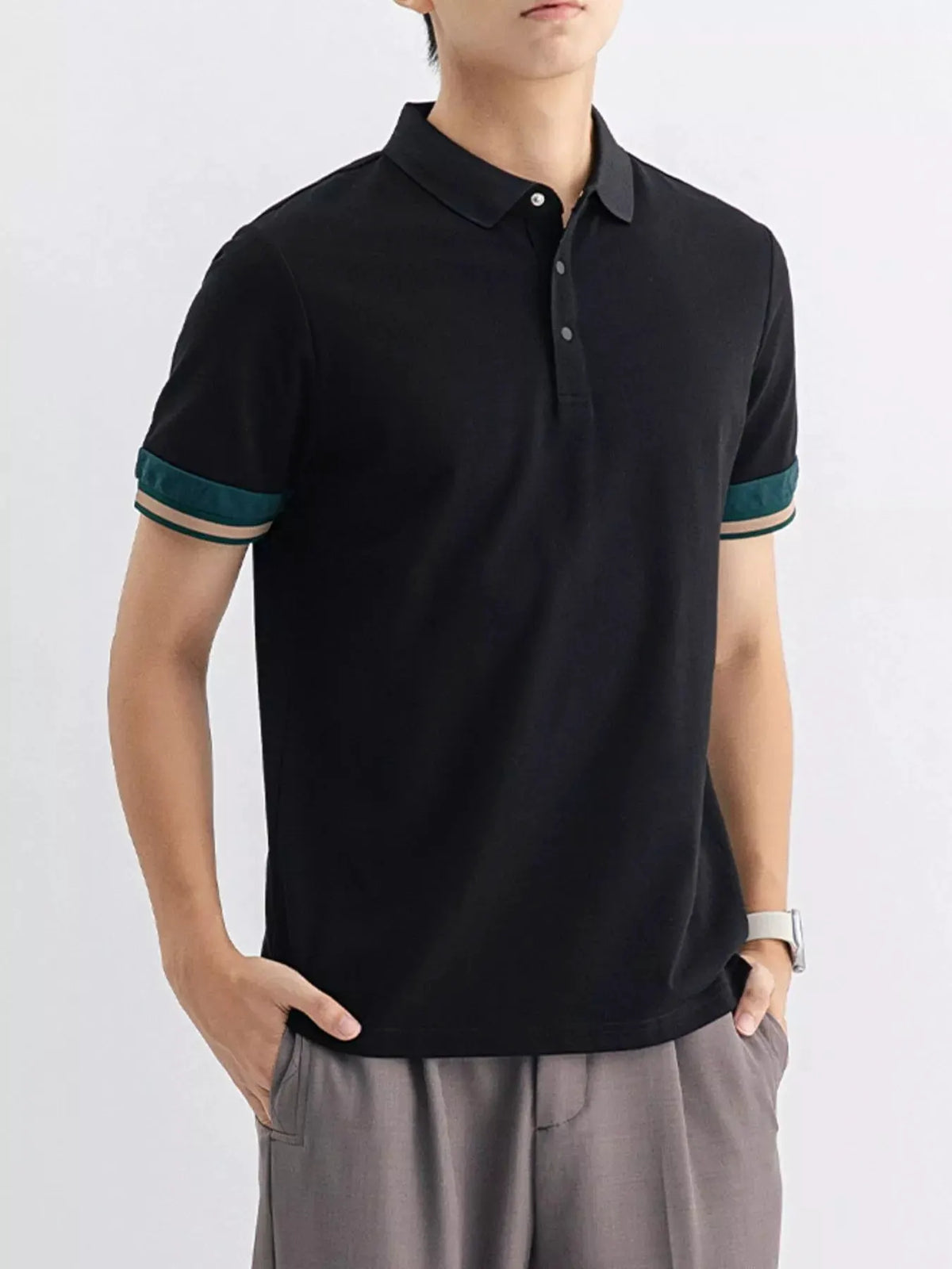 Men's Plus Size Button Detail Striped Cuff Polo by Trendsi