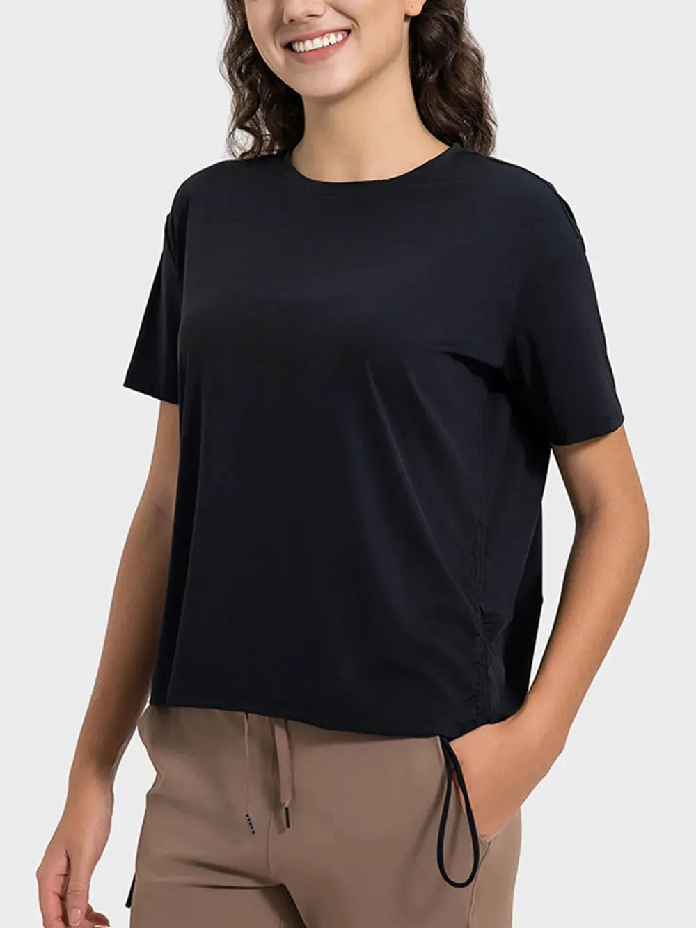 Millennia Drawstring Round Neck Short Sleeve Active T-Shirt by Millennia