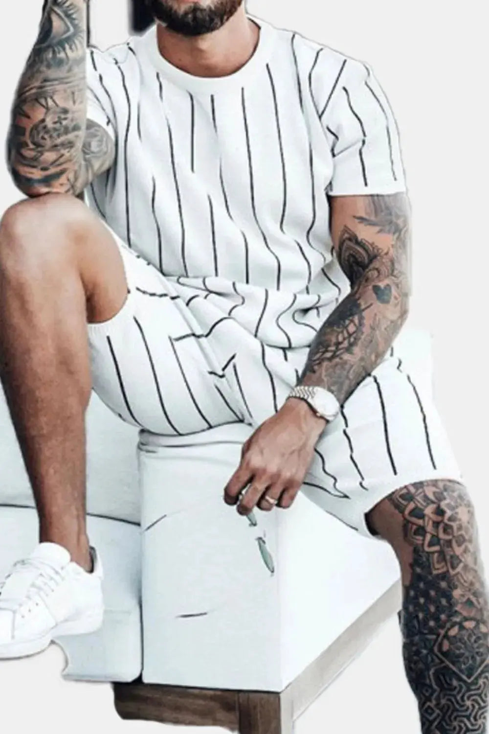 Men's Full Size Striped Casual Top and Shorts Summer Set Plus Size by Trendsi
