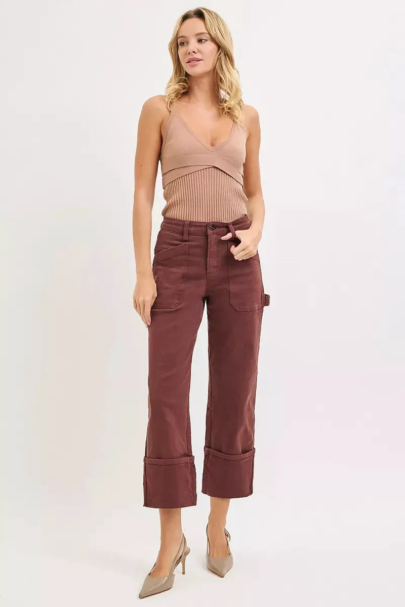 RISEN Full Size High Rise Wide Straight Cuffed Patch Jeans Plus Size by RISEN