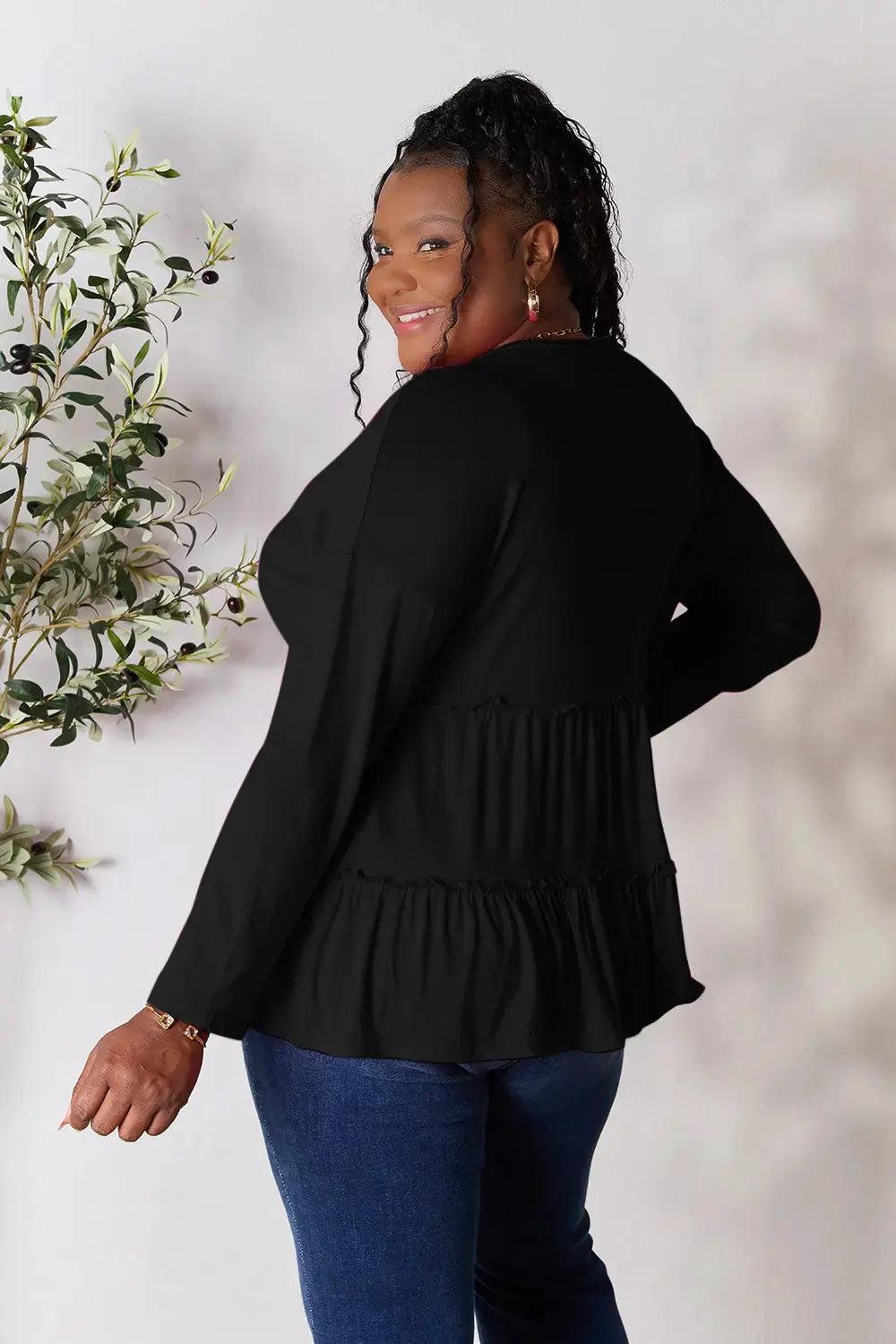 Double Take Half Button Long Sleeve Ruffle Hem Blouse by Double Take