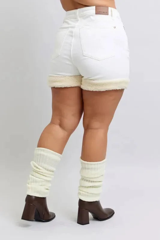 Judy Blue Full Size High Waist Shearling Cuff Denim Shorts Plus Size by Judy Blue
