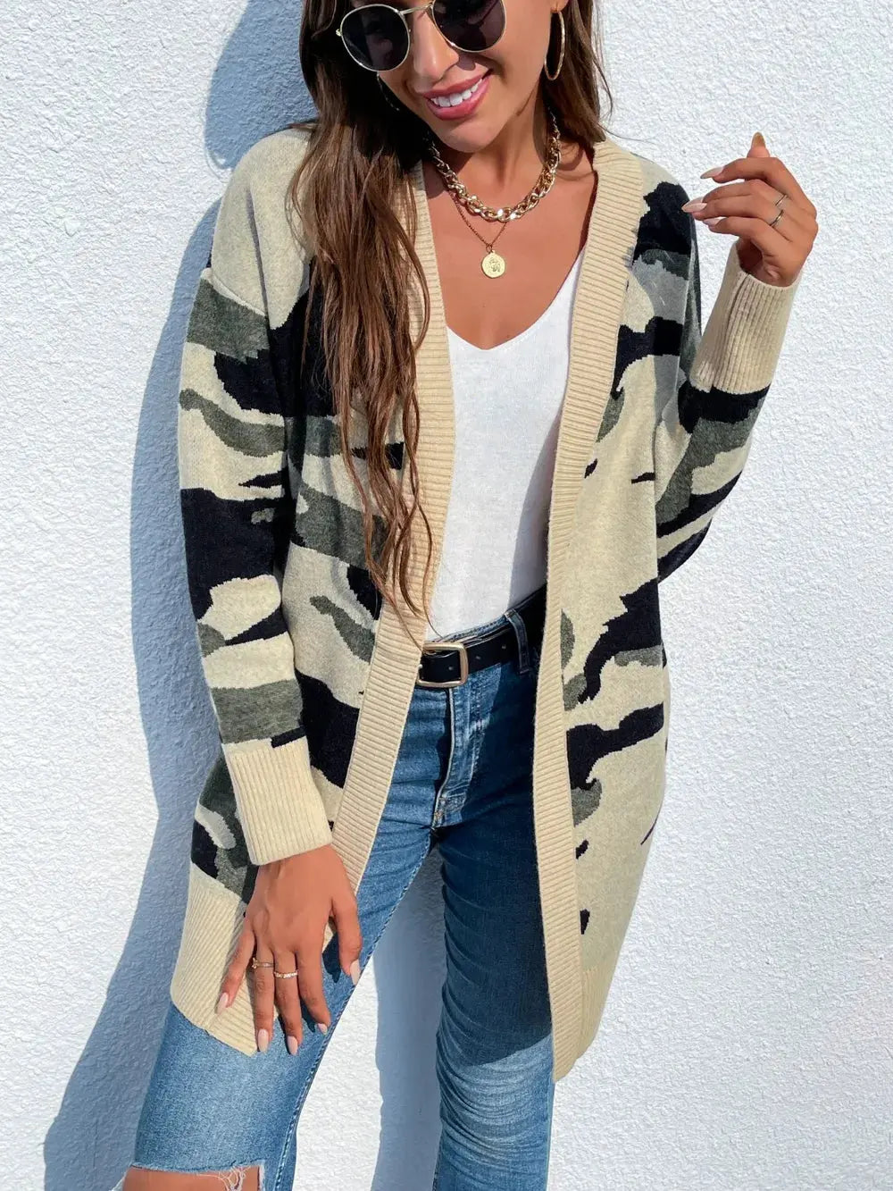 Camouflaged Dropped Shoulder Open Front Cardigan by Partner Label