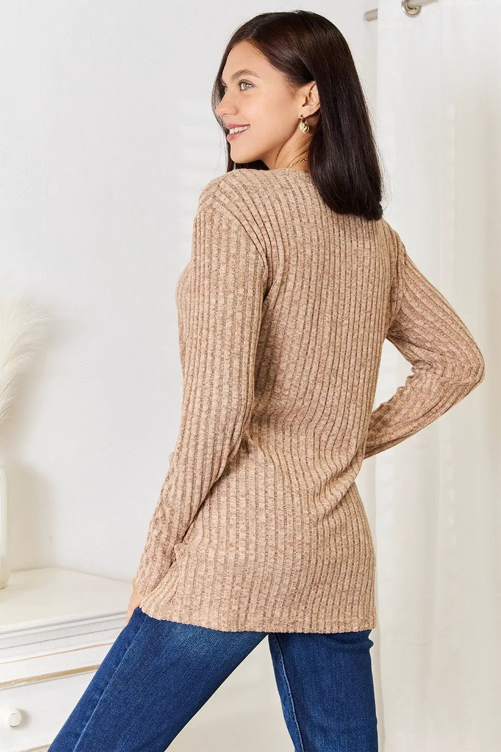 Double Take Notched Neck Ribbed Long Sleeve T-Shirt by Double Take
