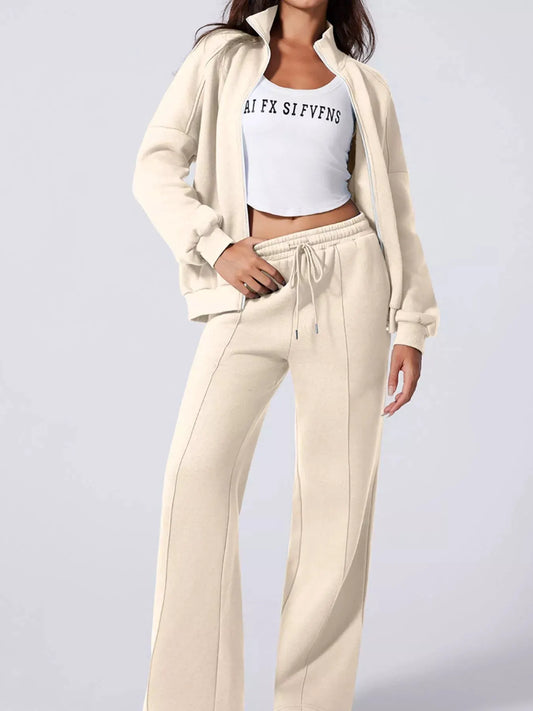 Drop Shoulder Zip Up Jacket and Drawstring Pants Active 2pcs Set by Partner Label
