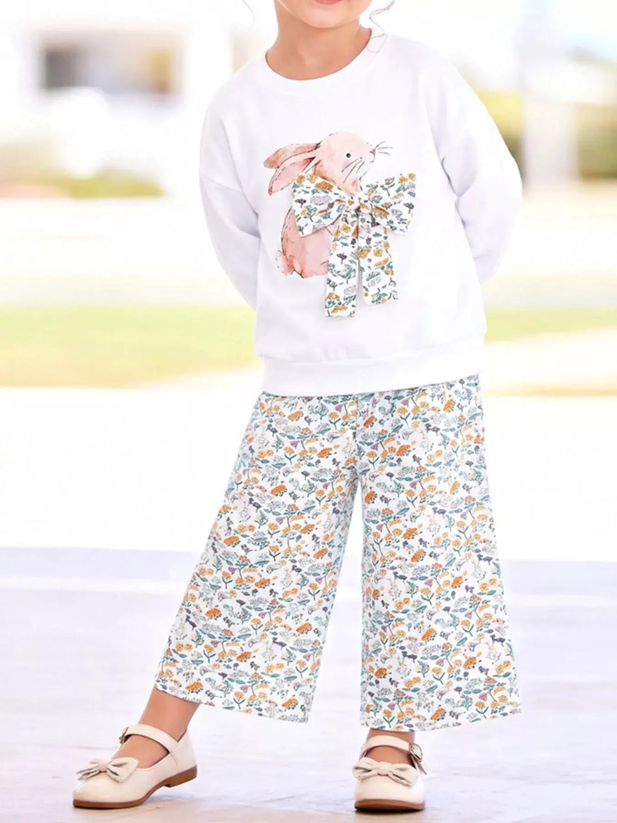 Children's Bunny Graphic Sweatshirt and Floral Wide-Leg Pant Set by Trendsi