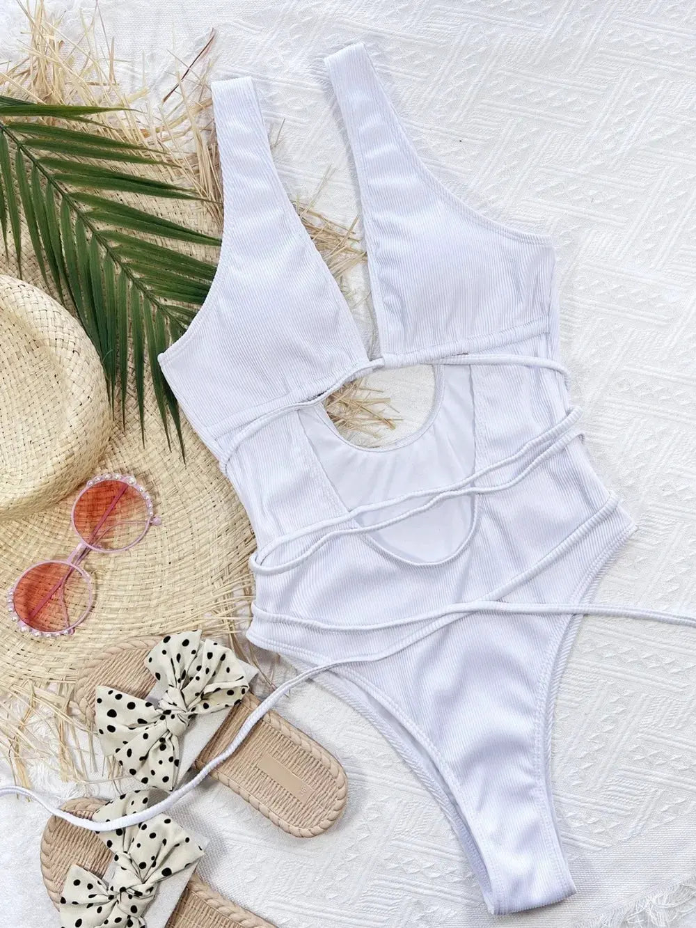 Ribbed Lace Up One-Piece Swimsuit by Partner Label