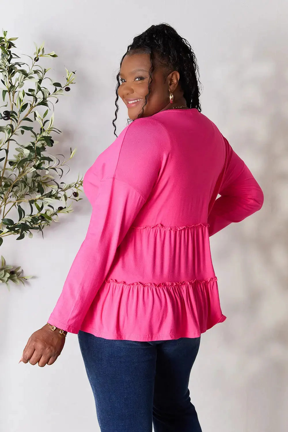 Double Take Half Button Long Sleeve Ruffle Hem Blouse by Double Take