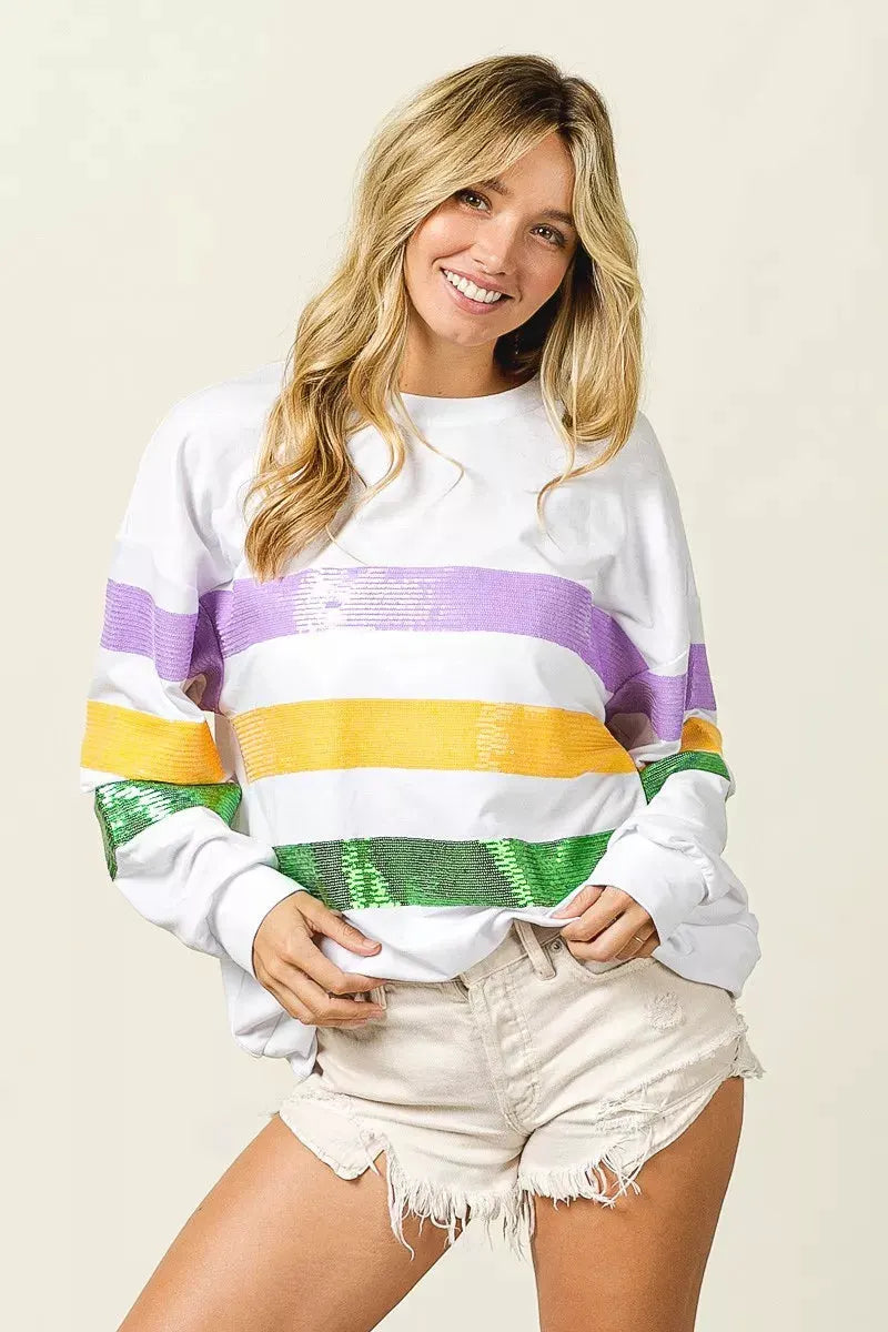 BiBi Sequin Mardi Gras Striped Round Neck Sweatshirt by BiBi
