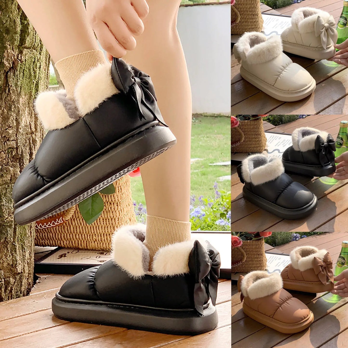 Winter Women Cute Warm Ankle Boots Outdoor Non-slip Thick Sole Snow Boots Furry Bow Cotton Shoes Men Pu Waterproof Plush Boots by Maiden-Art
