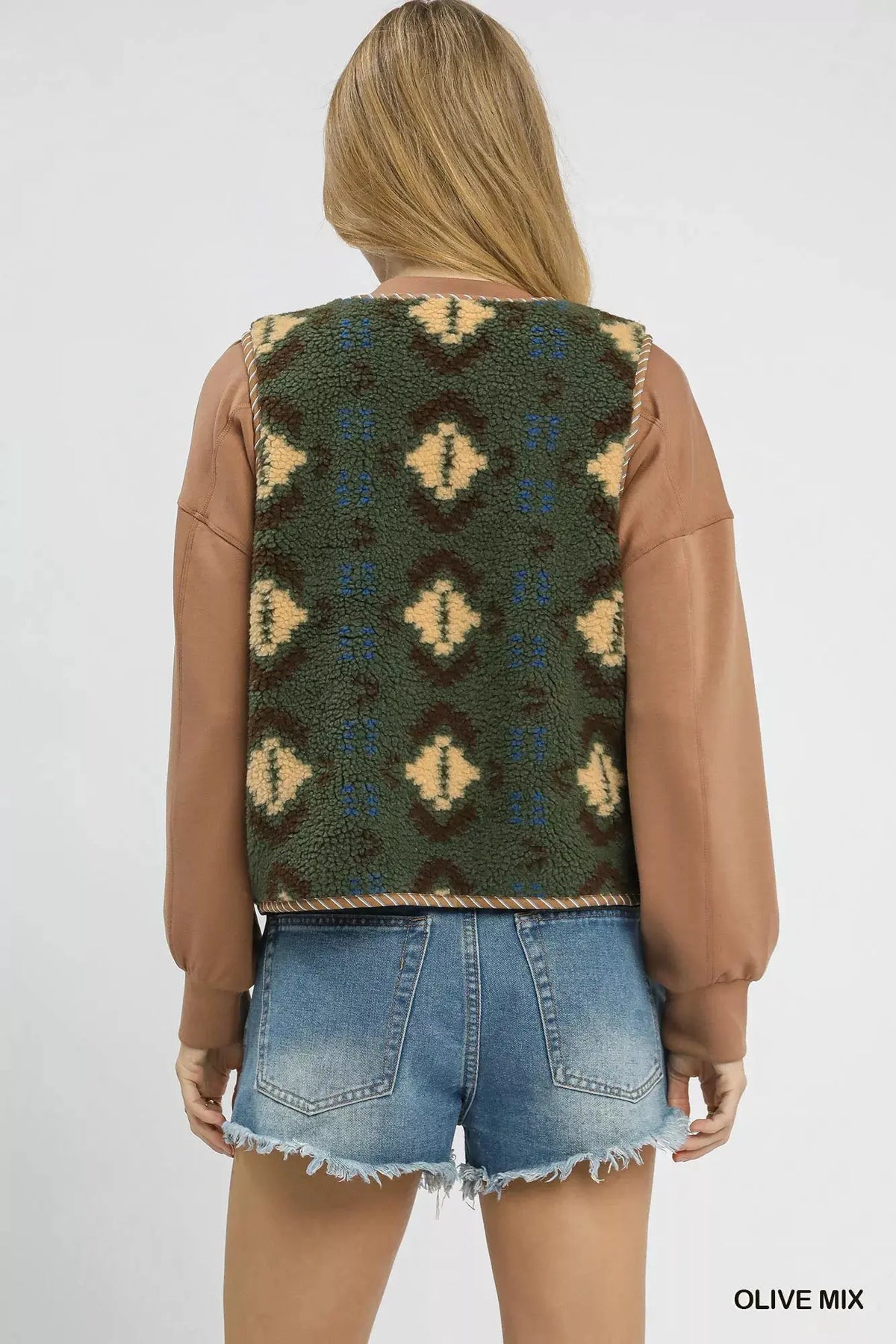 Umgee Mix Patterned Sherpa Tie-Front Vest by Umgee