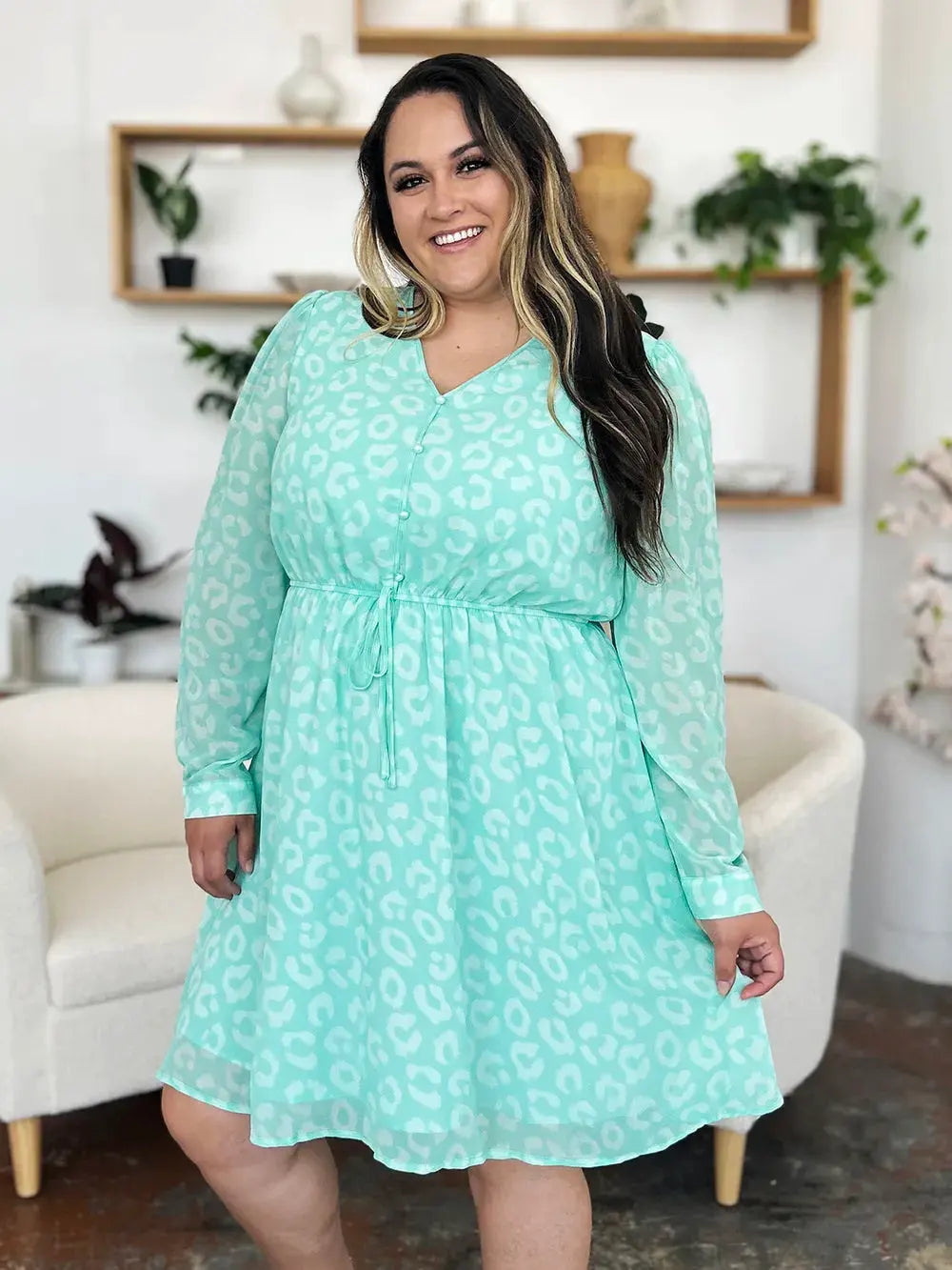 Double Take Full Size Printed Ruched V-Neck Long Sleeve Dress by Double Take