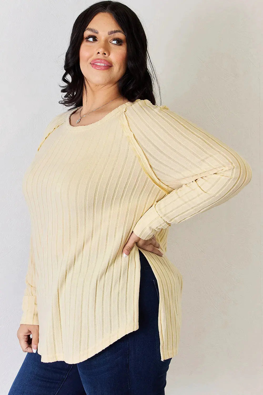 Basic Bae Full Size Ribbed Round Neck Slit T‑Shirt | Partner Labels Selection by Partner Label