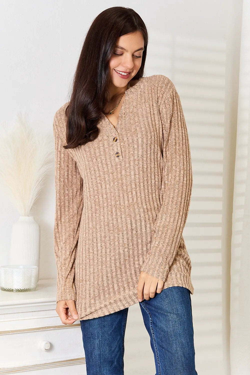 Double Take Notched Neck Ribbed Long Sleeve T-Shirt by Double Take
