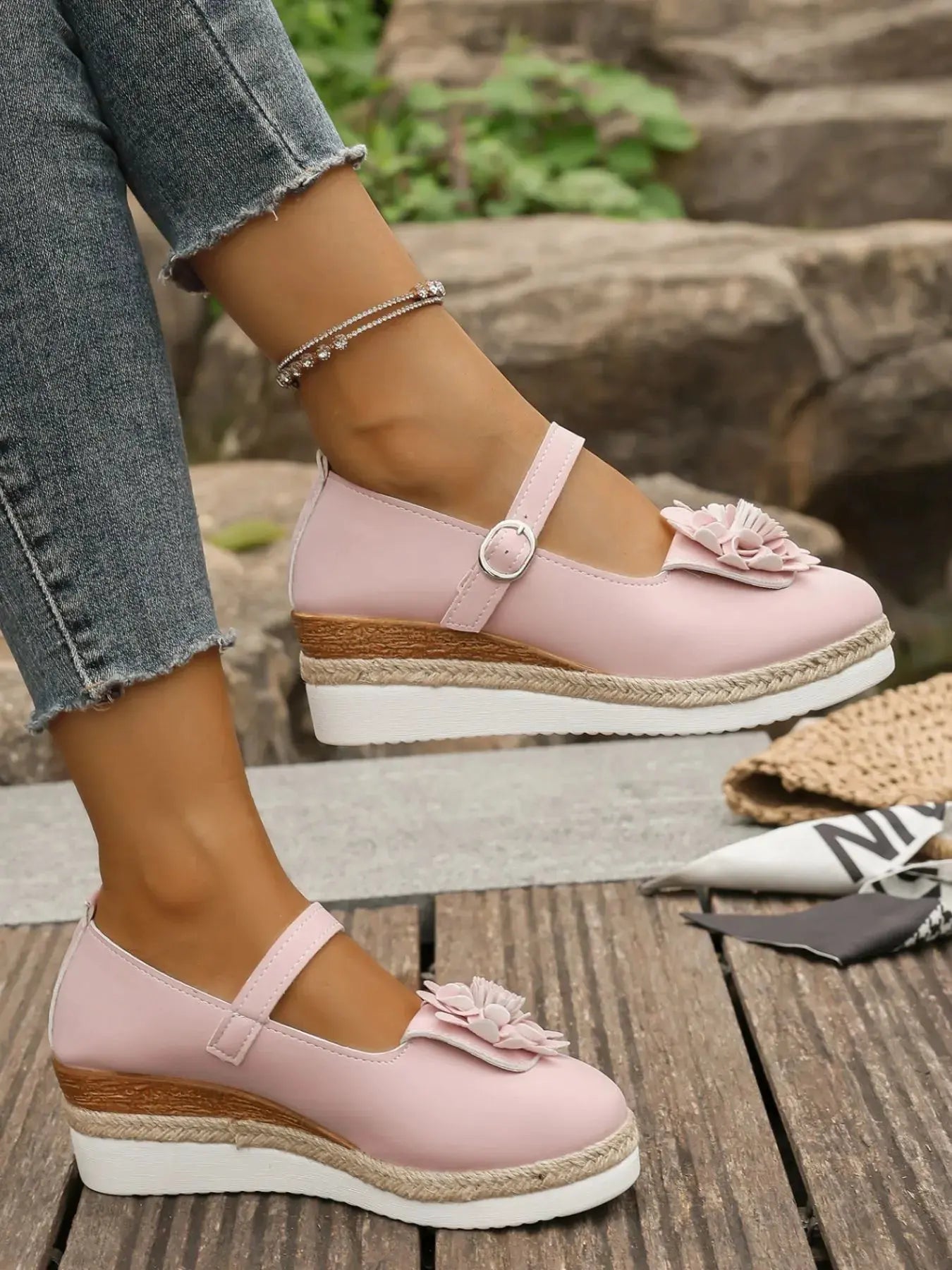 Flower Embellished Mary Jane Loafers by Partner Label