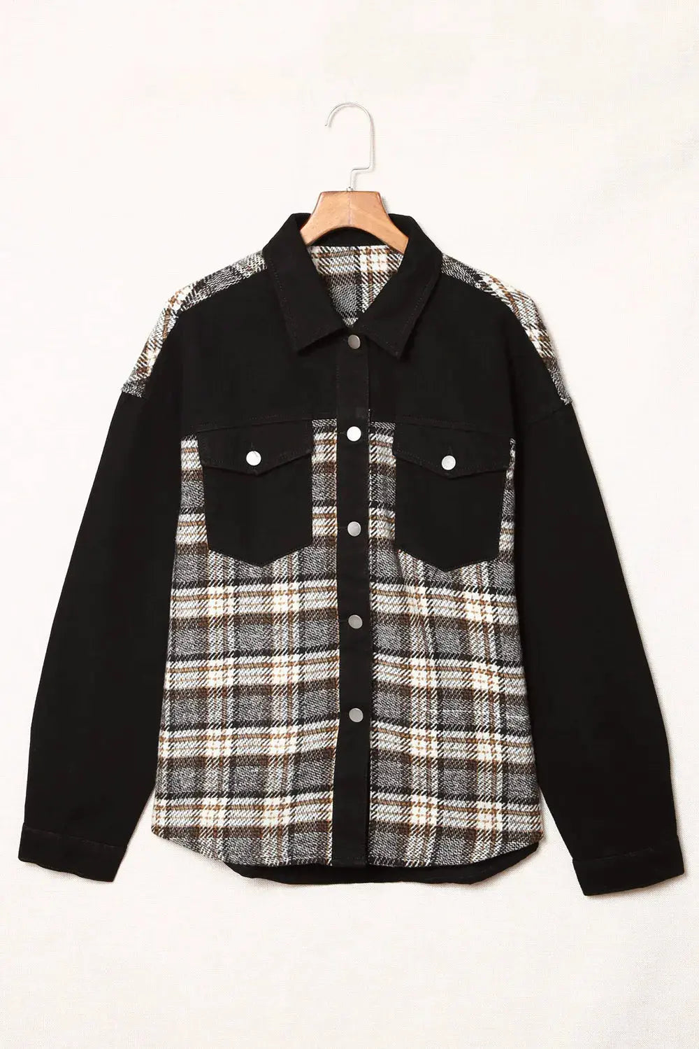Plaid Pocketed Button Up Denim Jacket by Partner Label