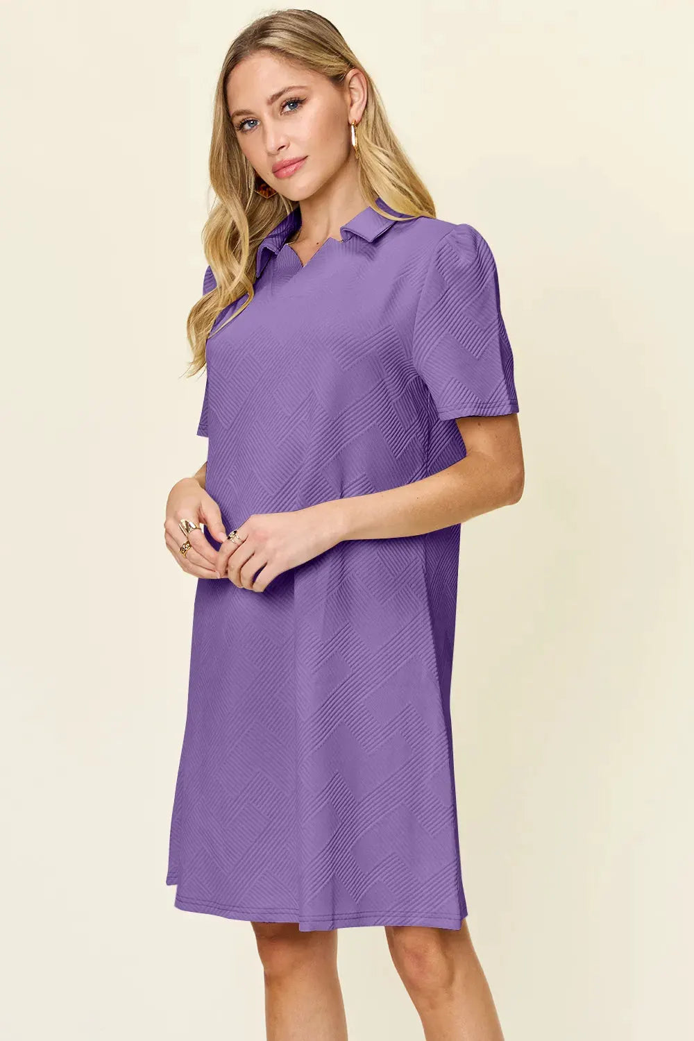 Double Take Full Size Texture Collared Neck Short Sleeve Dress by Double Take