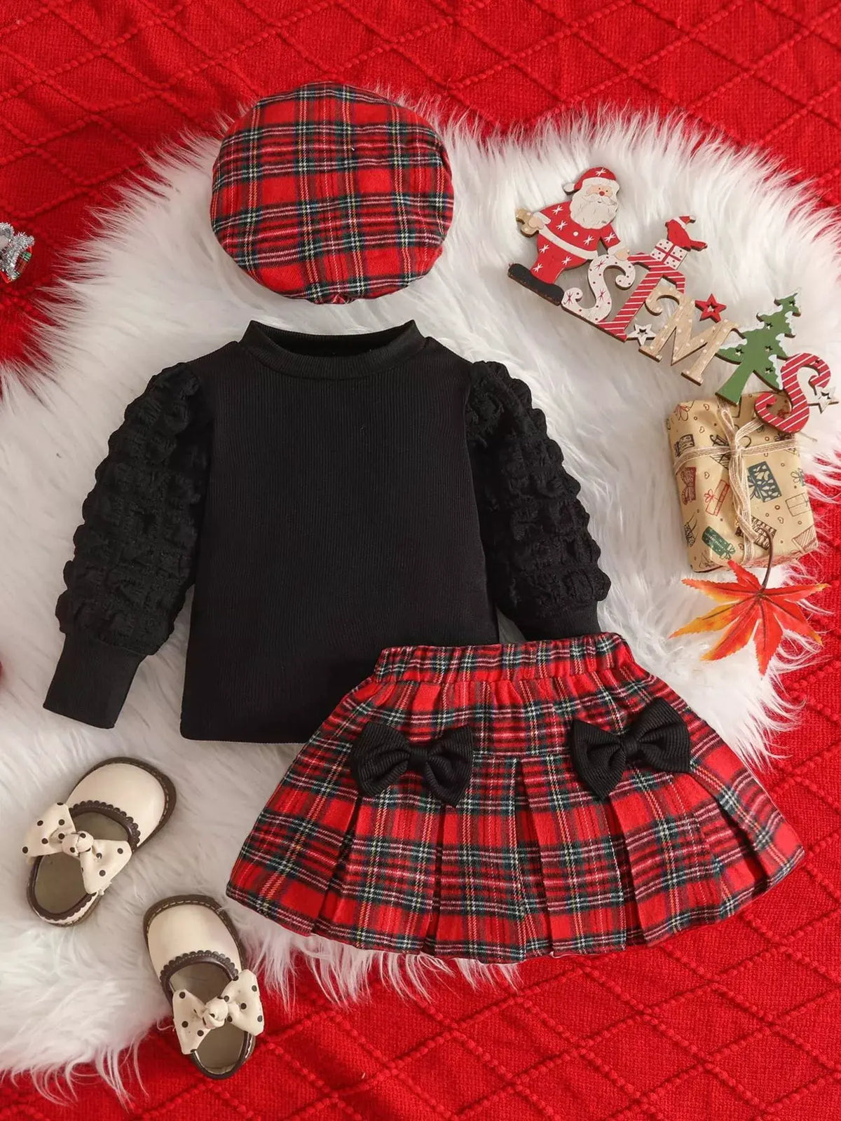 Children's Puff Sleeve Top and Plaid Skirt Set with Hat by Trendsi