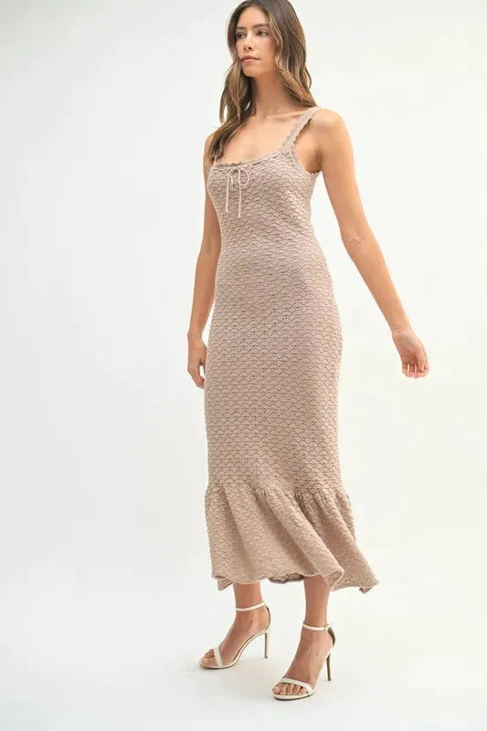 Ruffled Hem Sleeveless Crochet Knit Midi Dress | by MABLE | Partner Labels Selection by MABLE