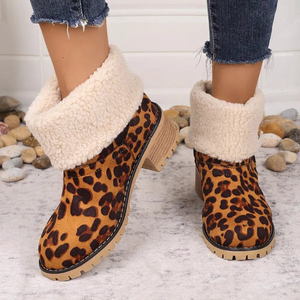 Leopard Block Heel Fuzzy Boots by Partner Label