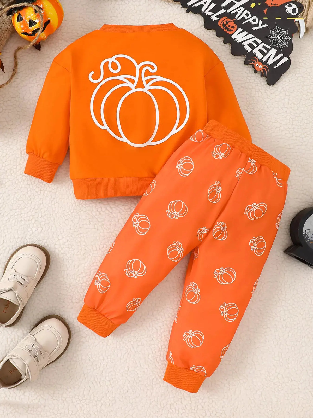 Children's Halloween Pumpkin Print Long Sleeve Sweatshirt and Pants Set by Trendsi